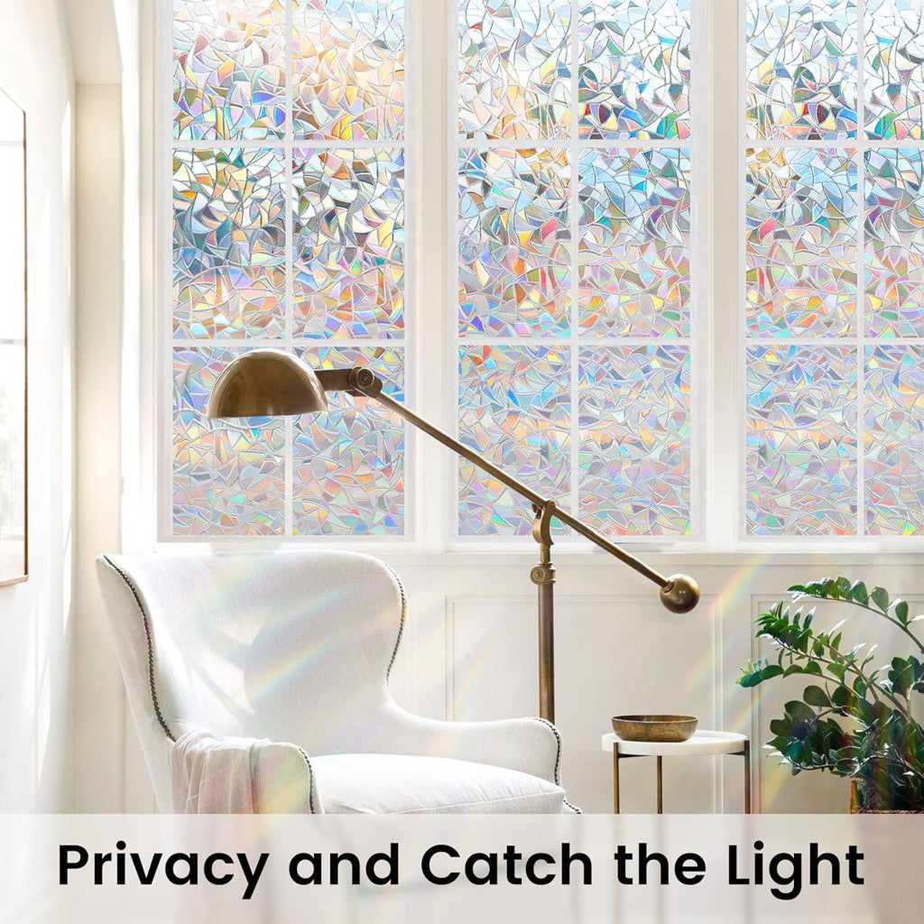Rainbow Stained Glass Window Privacy Film - Peel & Stick Decorative Cling 17x39 Inches, Light Filtering & Artistic